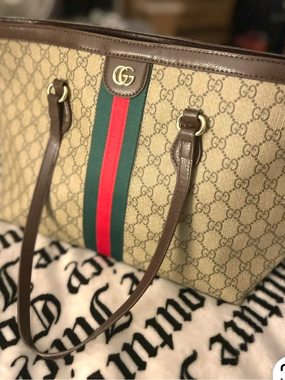 Gucci Brown Beige GG Canvas Tote with Green-Red Stripe - Picture 9 of 9